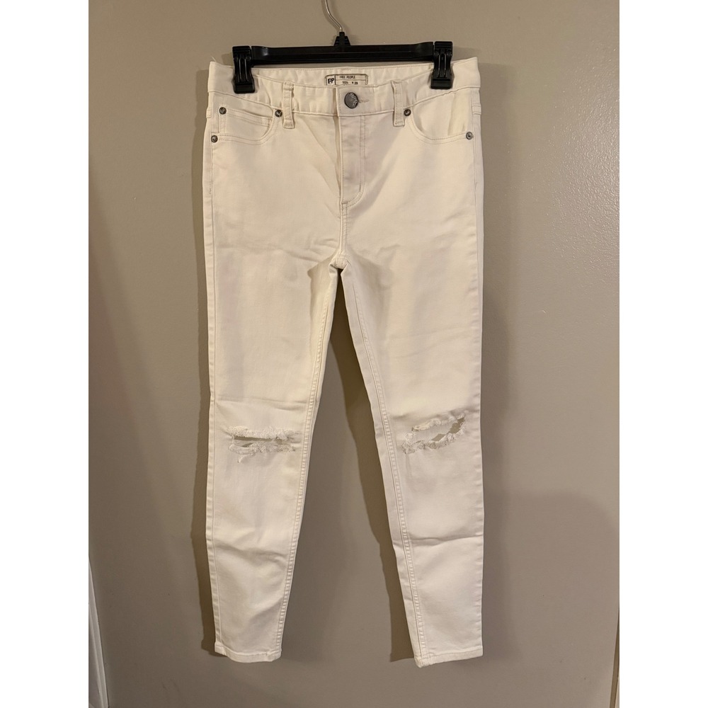 Free People Womens Distressed Knee Skinny Jeans Ivory White W29 OB515125